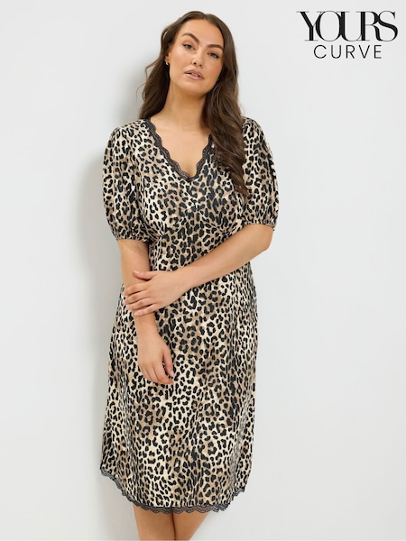 Қоңыр - Yours Curve Lace Trim Leopard Midi Dress