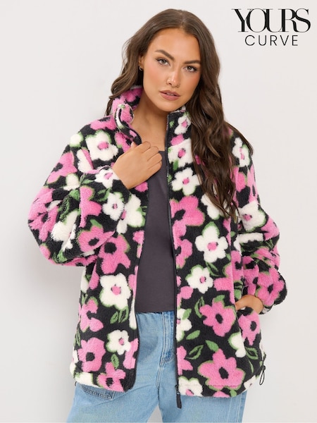 Pink - Yours Curve Floral Print Zip Through Fleece