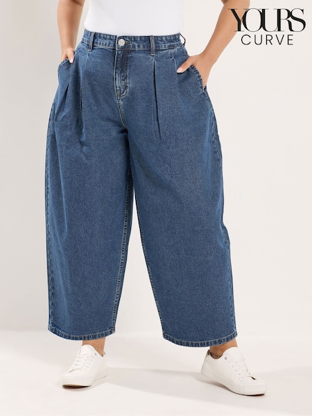 Blue - Yours Curve Pleated Barrel Jeans