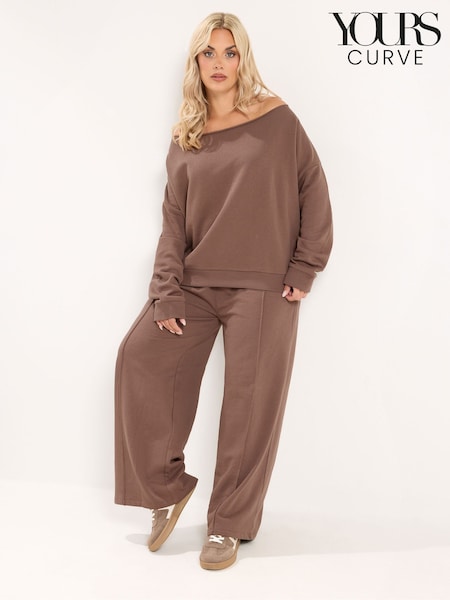 Brown - Yours Curve Off Shoulder Sweatshirt & Wide Leg Joggers Set