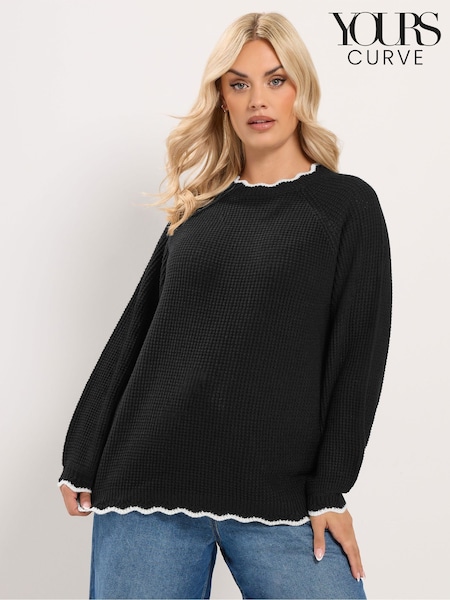 Black - Yours Curve Contrast Waffle Jumper