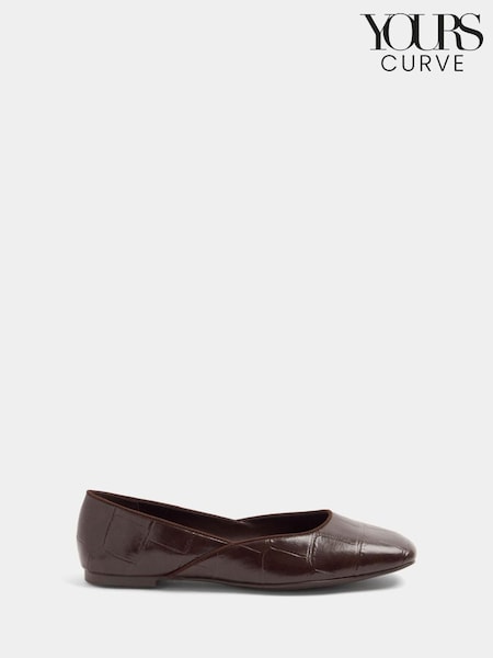 Brown - Yours Curve Croc Square Toe Ballet Pumps