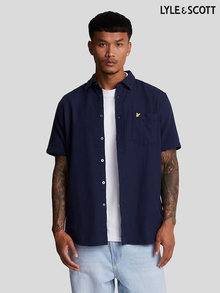 Lyle & Scott Navy Blue Short Sleeve Basket Weave Cotton Shirt (822009) | €46