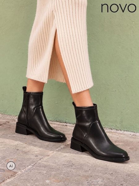 Black - Novo Danni Flat Stretch Zip Square Toe Ankle Boots