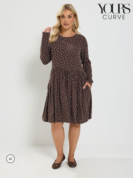 Brown - Yours Curve Spot Peplum Mini Dress