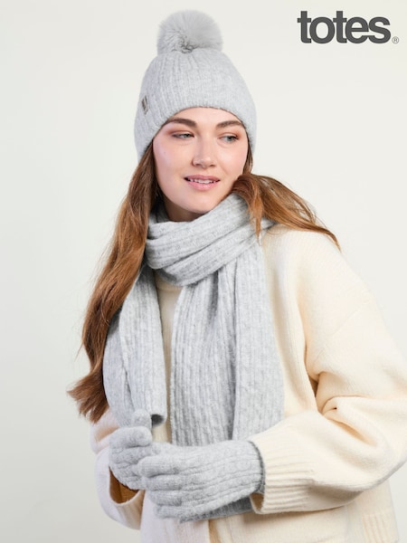 Grey - Totes Cable Knitted Hat, Scarf & Gloves Set
