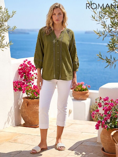 Green - Roman Embroidered Cotton Sleeve Blouse