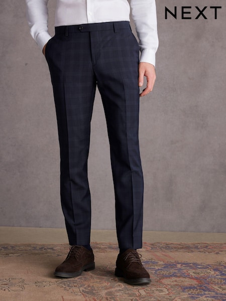 Navy Blue Slim Signature Italian Fabric Check Suit Trousers (823202) | €21