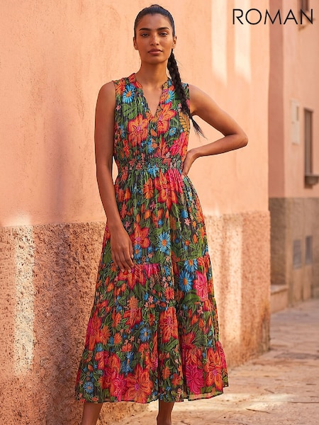 Red - Roman Floral Shirred Maxi Dress
