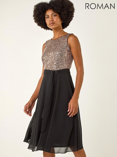 Metallic - Roman Sequin Bodice Belted Chiffon Dress