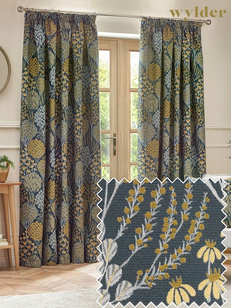 Wylder Blue Saffron Ophelia Floral Jacquard Lined Pencil Pleat Curtains (823314) | €96 - €233