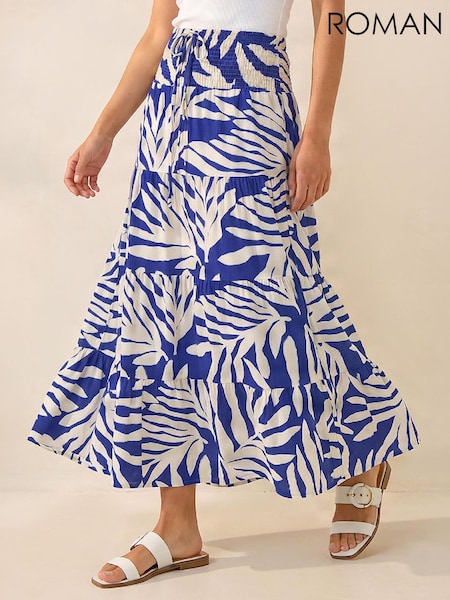Blue/White - Roman Printed Shirred Maxi Skirt