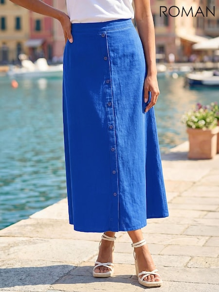 Blue - Roman Linen Button Pencil Midi Skirt