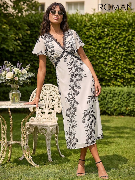 White - Roman Lace Trim V-neck Chiffon Midi Dress