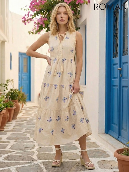 White - Roman Butterfly Print Tiered Midi Dress
