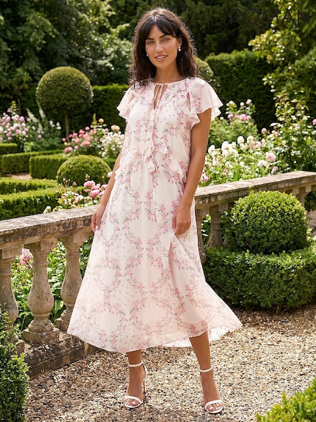 Pink - Roman Floral Frill Flutter Sleeve Midi Dress