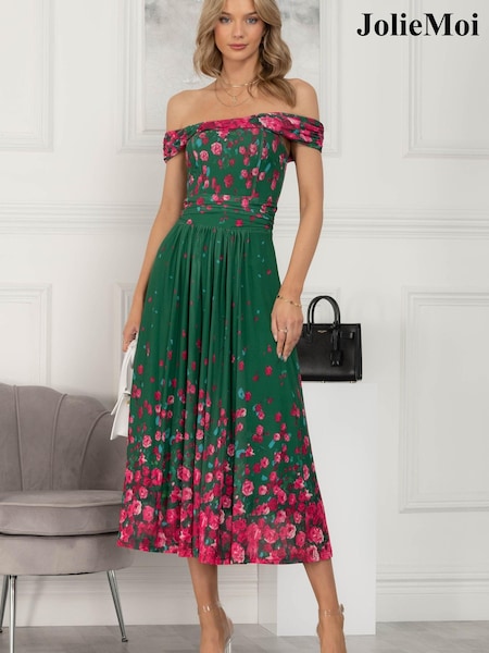 Jolie Moi Green Oliana Mesh Bardot Neckline Dress (824216) | €41.50