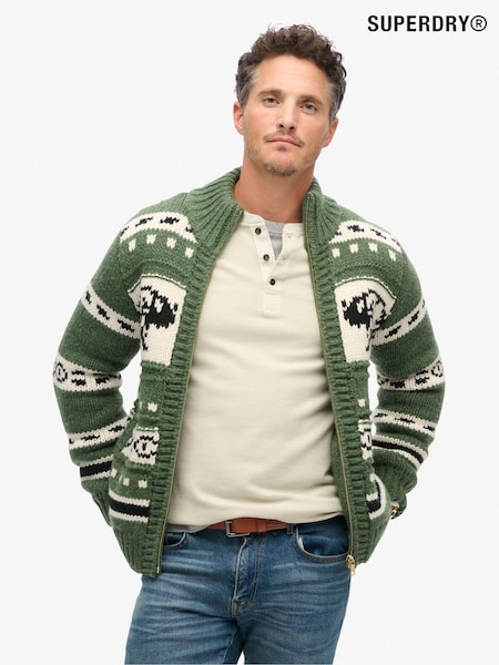 Superdry Buffalo Green Chunky Knit Patterened Zip Through Jumper (824470) | R$ 1,335