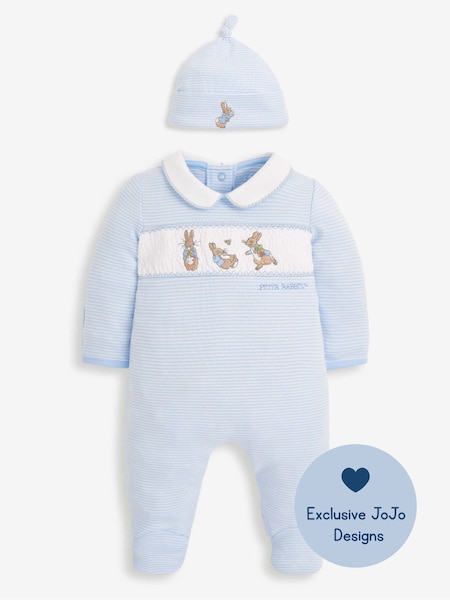 JoJo Maman Bébé Blue 2-Piece Peter Rabbit Smocked Baby Sleepsuit & Hat Set (8245M2) | €18.50