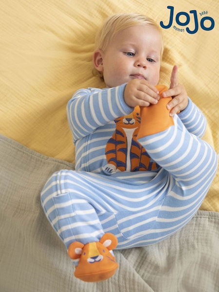 JoJo Maman Bébé Blue Tiger Appliqué Zip Cotton Baby Sleepsuit (824636) | AED128