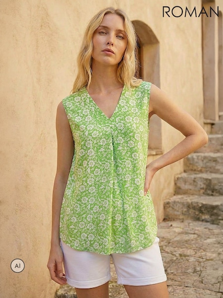 Zeleno - Roman Floral V-neck Vest Top