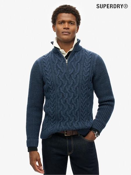 Indigo - Pulover Superdry Jacob Cable Knit cu fermoar sfert (825136) | 260 LEI