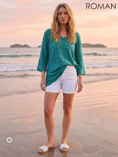 Green - Roman Cotton Crochet Tunic Top