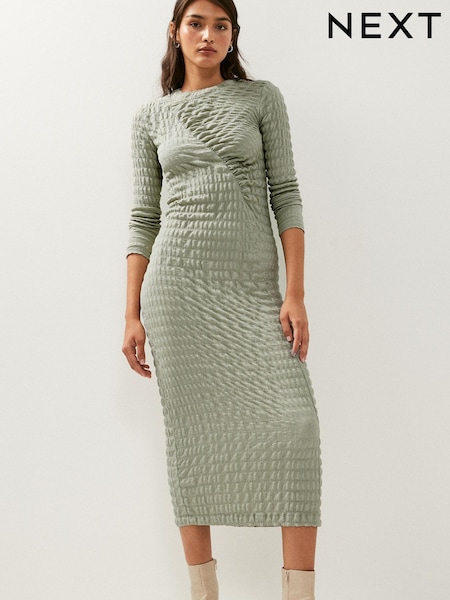Sage Green Long Sleeve Ruched Detail Textured Midi Dress (825265) | €7