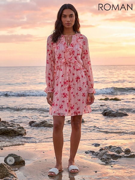 Pink - Roman Rose Print Ruffle V-neck Smock Dress