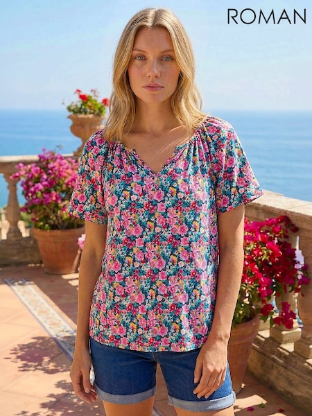 Pink - Roman Floral Gathered V-neck Stretch Top