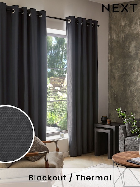 Grey Charcoal Dark Blackout/Thermal Cotton Eyelet Curtains (826331) | R$ 390 - R$ 1,030