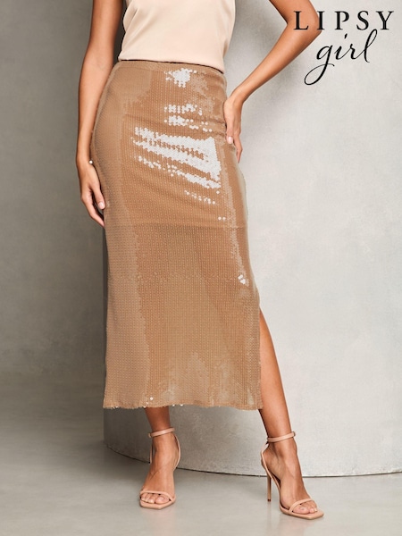 Lipsy Gold Sequin Column Midi Skirt (826887) | €31