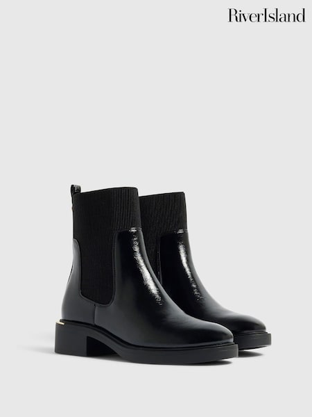 أسود لامع - River Island Block Heeled Ankle Boots