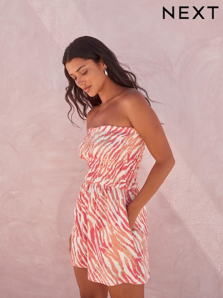 Coral Pink Zebra Bandeau Shirred 100% Cotton Playsuit (827438) | AED10