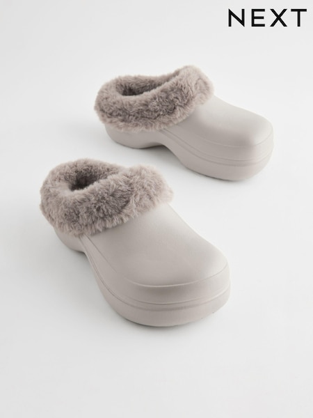 Grey Faux Fur Lined Platform Clog Slippers (827941) | €12