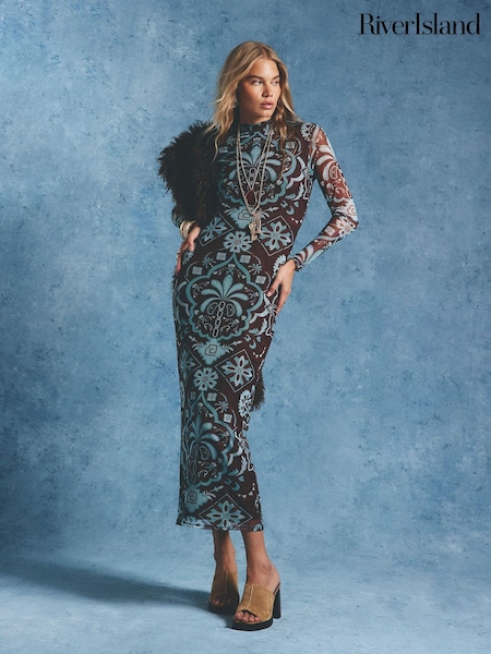 Brown - River Island Long Sleeve Mesh Maxi Dress
