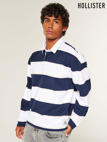 Blue - Regular Hollister Stripe Long Sleeve Rugby Polo Shirt
