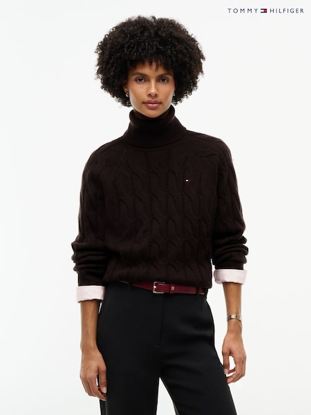 Chocolate Brown - Tommy Hilfiger Pure Wool Cable Roll Neck Jumper