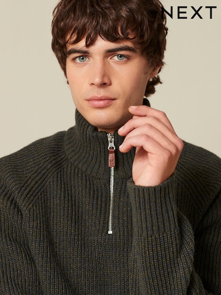 Khaki Green Regular Knitted Zip Neck Jumper (829585) | €21