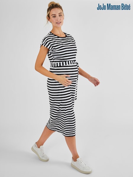 JoJo Maman Bébé Black Cream Stripe Maternity & Nursing Midi T-Shirt Dress (829803) | €57