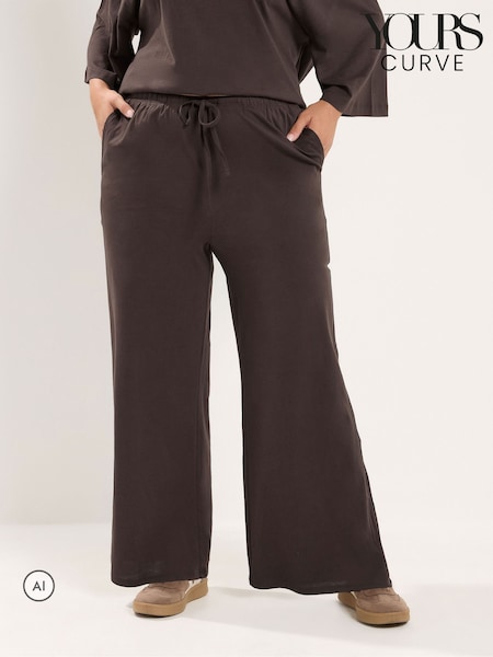 Brown - Yours Curve Cotton Wide Leg Trousers