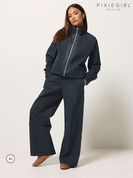 Bleu - Pixiegirl Petite Satin Trim Wide Leg Trousers & Jacket Set