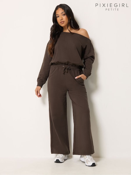 Brown - Pixiegirl Petite Sweat Wide Leg Jumpsuit
