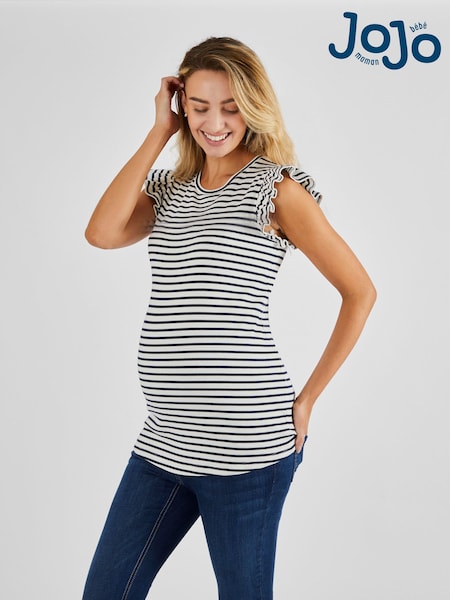 JoJo Maman Bébé Ecru Cream & Black Stripe Crew Neck Flutter Maternity Top (830287) | €35