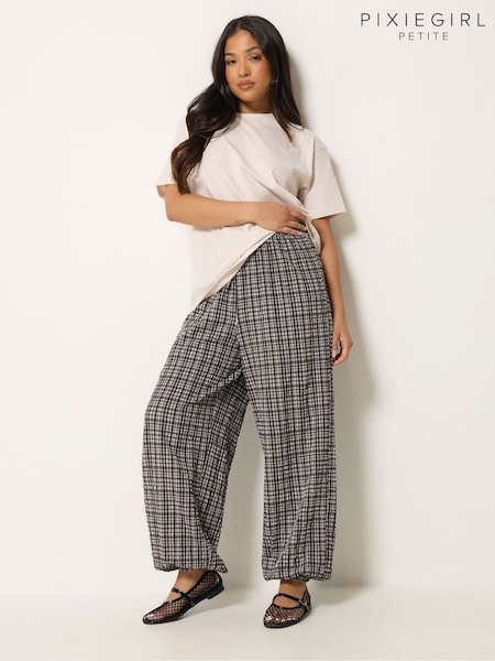 Grey - Pixiegirl Petite Check Crinkle Balloon Trousers