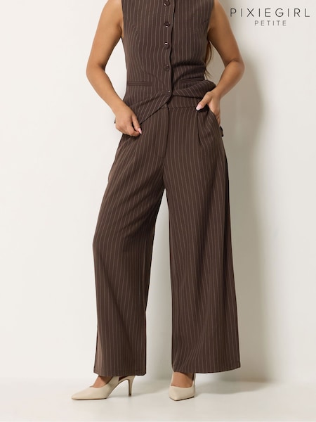 بني - Pixiegirl Petite Pinstripe Waistcoat & Trousers Set