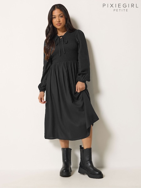 Black - Pixiegirl Petite Shirred Midi Dress