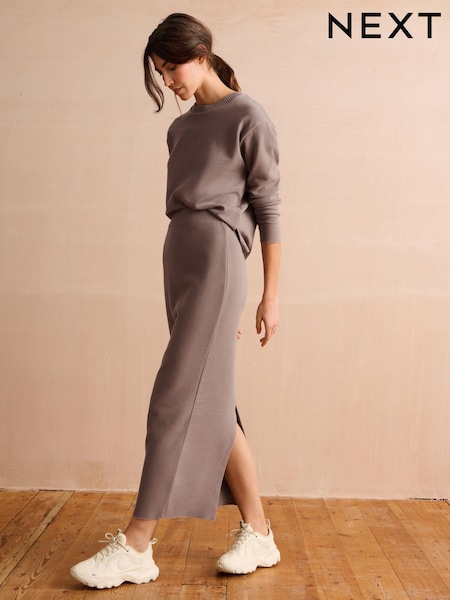 Neutral-Taupe - Textured Rib Slit Back Cosy Knit Midi Skirt (830726) | 8 €