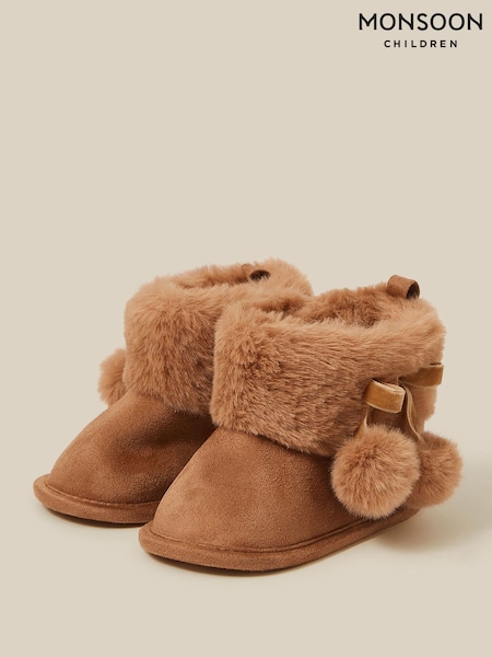 Brown - Monsoon Baby Fluffy Faux Suede Booties
