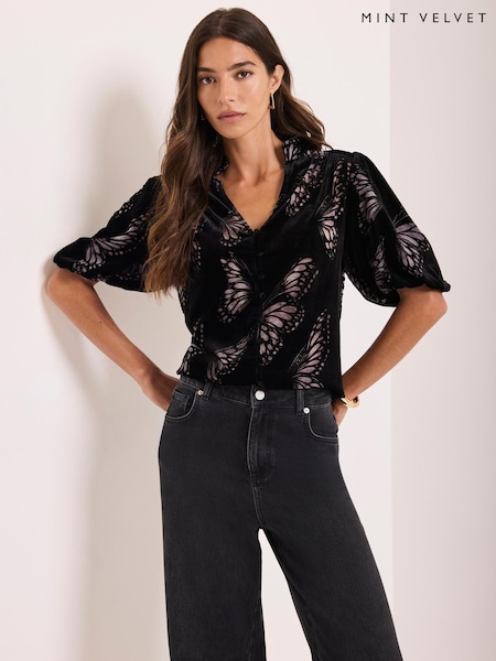 Black - Mint Velvet Velvet Butterfly Detail Top
